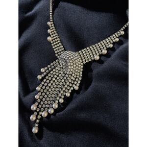 Vintage Rhinestone Swirl Glamour Pearl Dangle Necklace High End Costume Jewelry